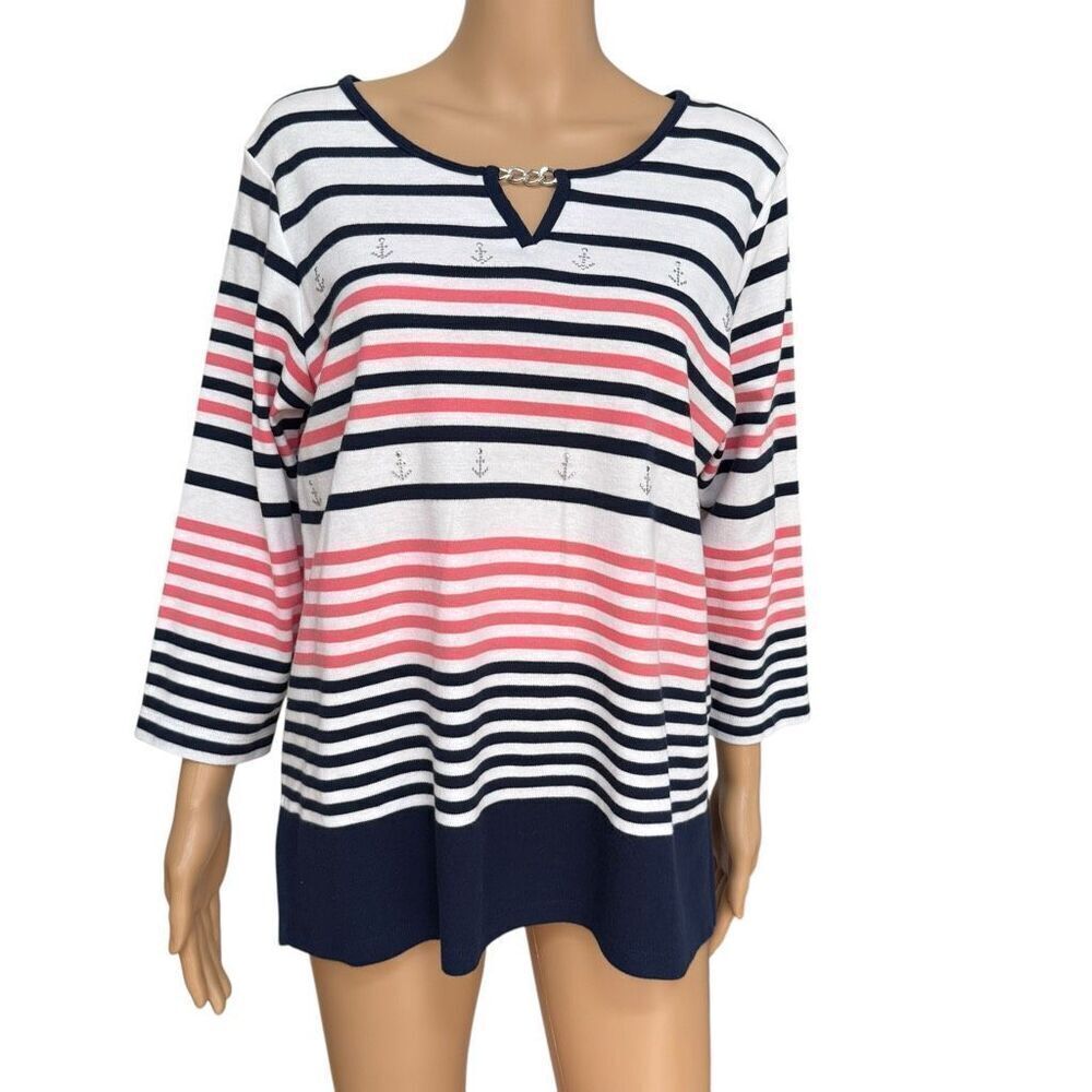 Alfred Dunner Nautical Blue Pink Striped Cotton Blend Top size M